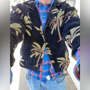 Paco Soler ladies jacket size S/M tropical palm tapestry cropped brass buttons